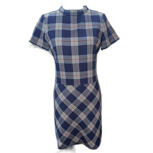 Brooks Brothers Navy Plaid Italian Wool Blend Dress 8P Mockneck A-Line NWT